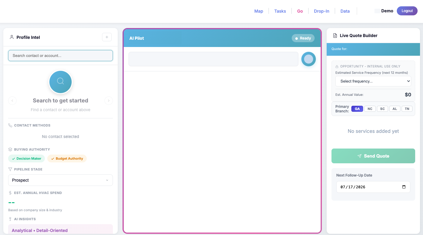 WaterBear sales execution screen with a Profile Intel panel, an AI copilot in the center, and a Live Quote Builder that computes estimated annual value and sends a quote.