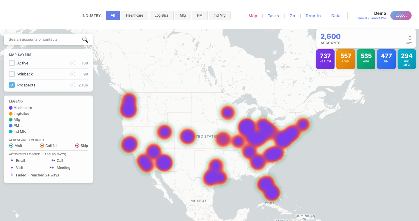 WaterBear prospecting map showing a heatmap of thousands of accounts across the United States, with map layers for Active, Winback and Prospect accounts and an AI Research Verdict panel.